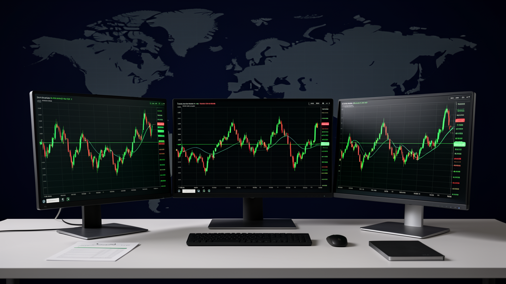 Mesa de trader com monitores exibindo gráficos abstratos de bolsas globais