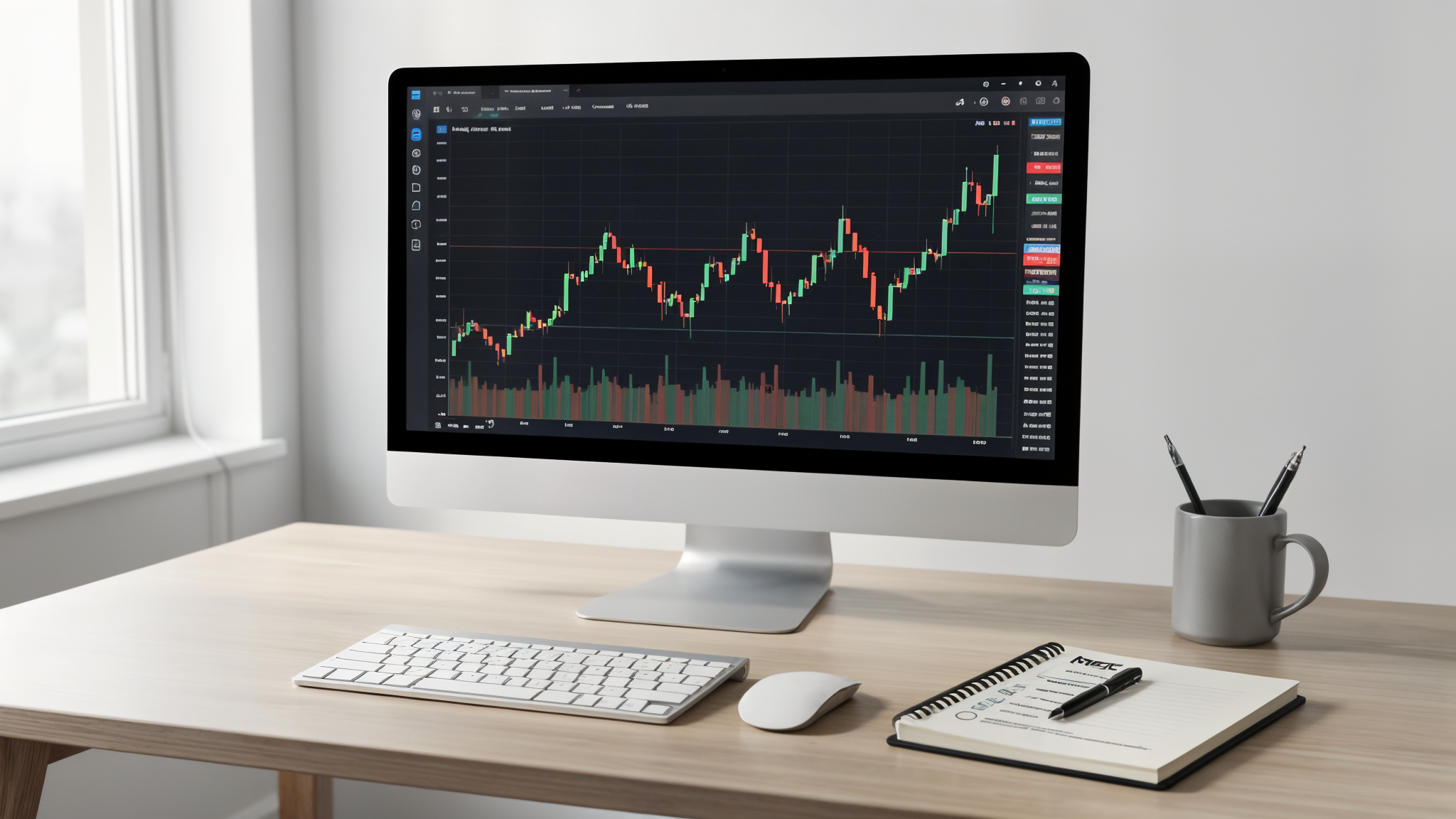 Mesa de trading com gráfico abstrato e checklist de risco para avaliar backtest de robôs de trading