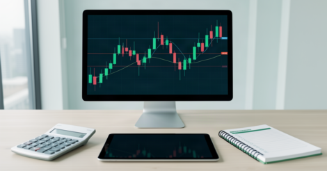 Mesa de trader com gráfico financeiro abstrato, calculadora e diário de trade para gestão de posição