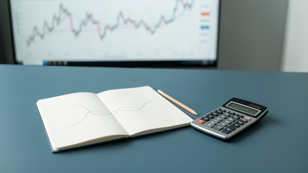 Caderno, lápis e calculadora diante de um gráfico de mercado desfocado
